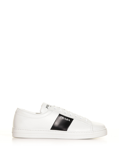 Shop Prada Leather Sneakers With Logo In Bianco +nero