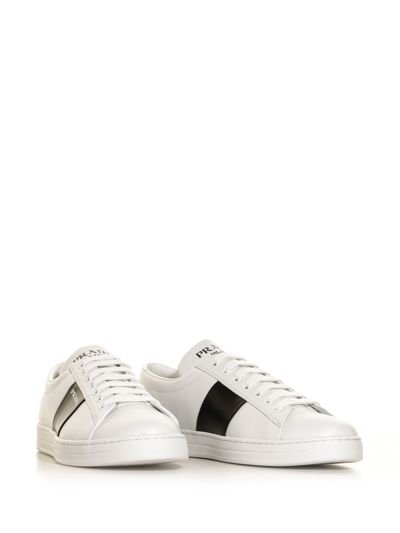 Shop Prada Leather Sneakers With Logo In Bianco +nero