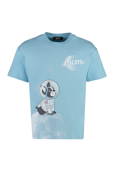 Shop Mcm Printed Cotton T-shirt In Light Blue