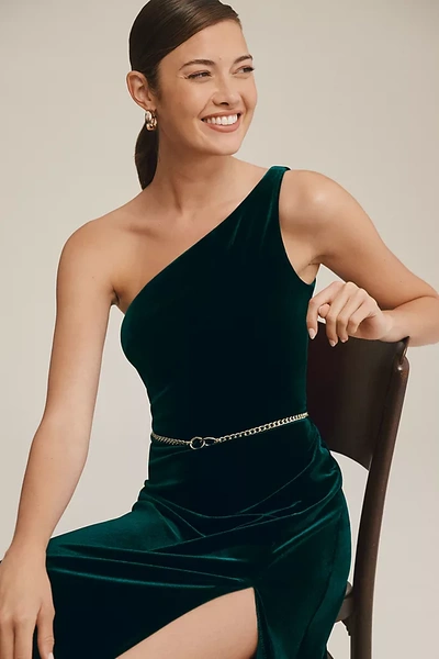 Shop Jenny Yoo Cybill One-shoulder Side-slit Stretch Velvet Gown In Green