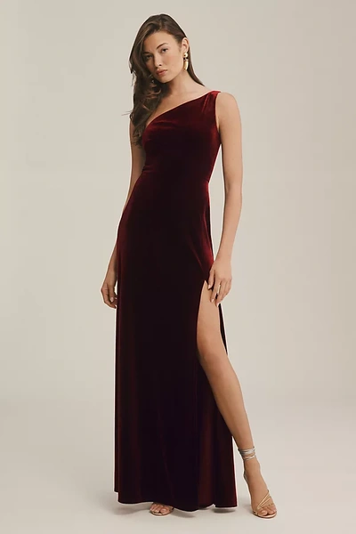 Shop Jenny Yoo Cybill One-shoulder Side-slit Stretch Velvet Gown In Purple