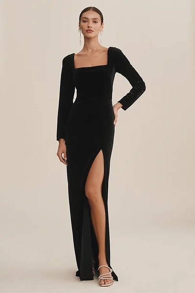 Shop Jenny Yoo Rachel Square-neck Long-sleeve Side-slit Stretch Velvet Gown In Black
