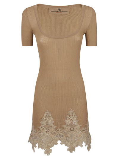 Shop Ermanno Scervino Square Neck Lace Paneled Knitted Dress In Beige