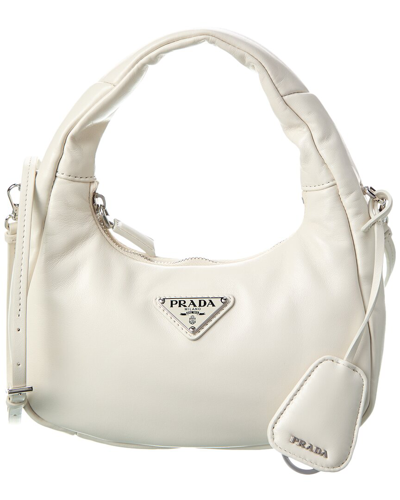 Shop Prada Logo Padded Mini Leather Hobo Bag In White