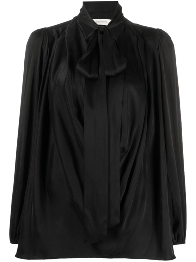 Shop Zimmermann Pussy Bow Long-sleeve Silk Blouse In 黑色