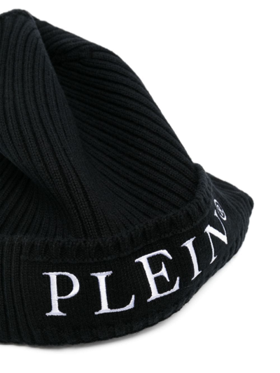 Shop Philipp Plein Junior Logo-embroidered Ribbed-knit Beanie In 黑色