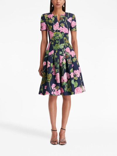 Shop Oscar De La Renta Geranium-print Faille Midi Dress In Blue