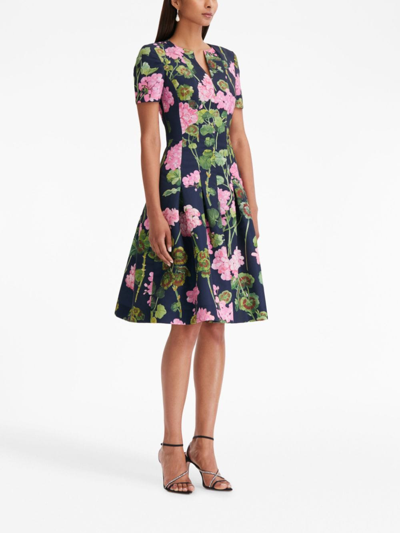 Oscar De La Renta Geranium-print Faille Flared Short Dress In Blue