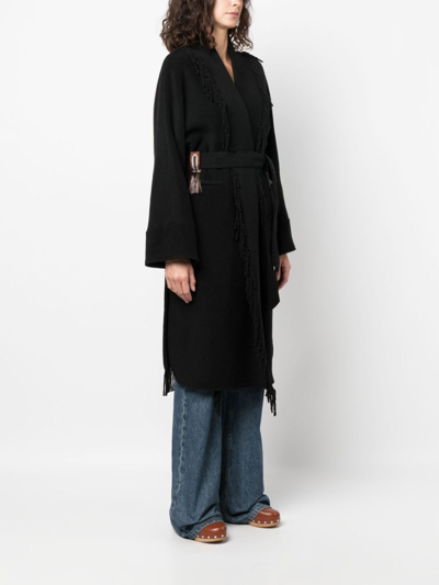 Shop Bazar Deluxe Fringed Belted Coat In Black