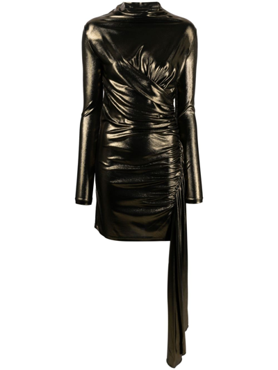 Shop Blumarine Draped Metallic Long-sleeve Dress In Gold