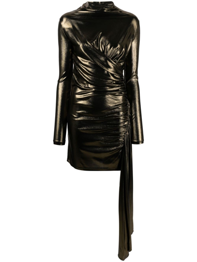 Blumarine Draped Metallic Long-sleeved Asymmetric Dress In Gold