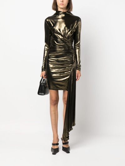 Shop Blumarine Draped Metallic Long-sleeve Dress In Gold