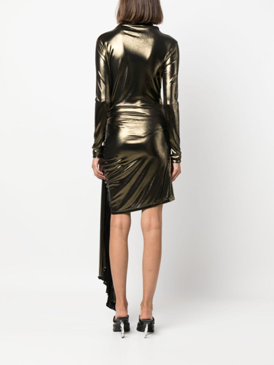 Shop Blumarine Draped Metallic Long-sleeve Dress In Gold