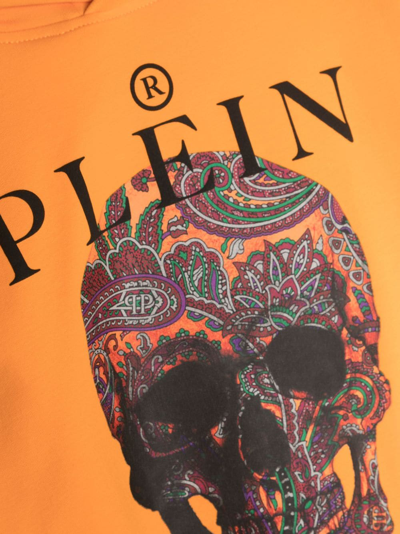 Shop Philipp Plein Junior Paisley Skull-print Cotton Hoodie In Orange