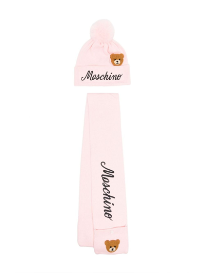 Shop Moschino Teddy Bear-embroidered Beanie Set In Pink