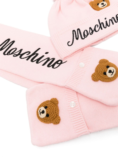 Shop Moschino Teddy Bear-embroidered Beanie Set In Pink