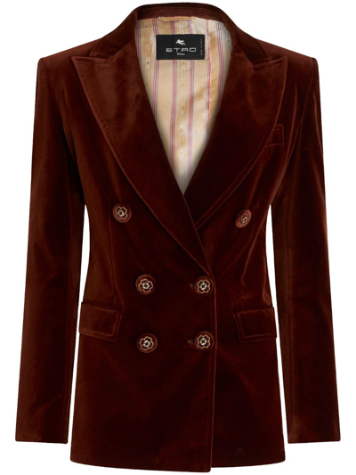 Shop Etro Double-breasted Velvet Blazer In Brown