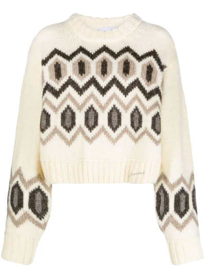 Ganni Graphic Intarsia Chunky Knitted Cropped Jumper In Neutrals