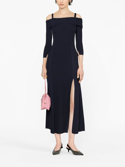 Shop Ganni Off-shoulder Midi Dress In Blue