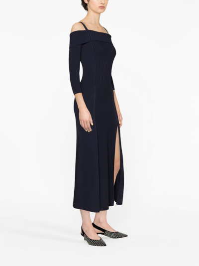 Ganni Long Knitted Off-the-shoulder Dress In Blue