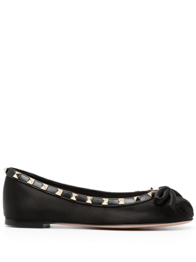 Valentino Rockstud Satin Ballerina Shoes In Black