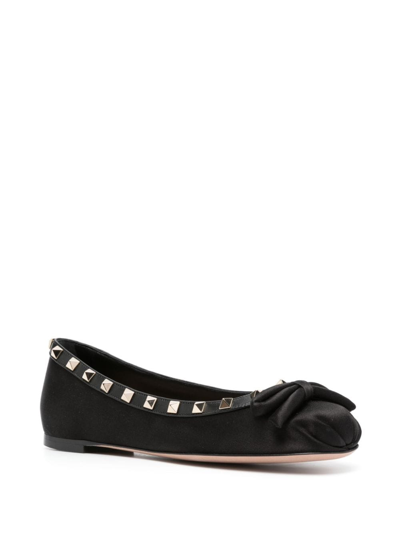 Valentino Rockstud Satin Ballerina Shoes In Black
