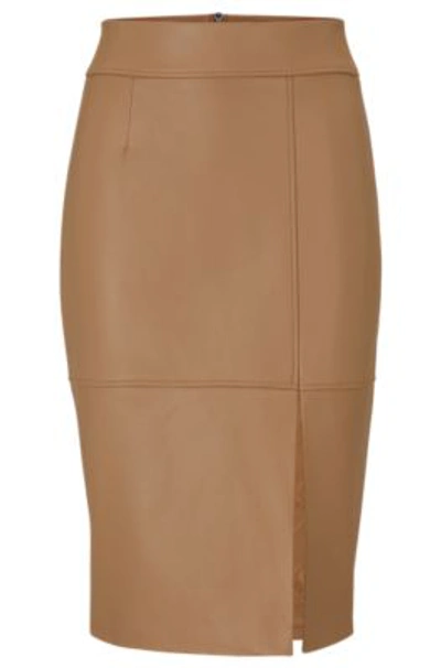 Shop Hugo Boss Slim-fit Pencil Skirt In Grained Leather In Beige
