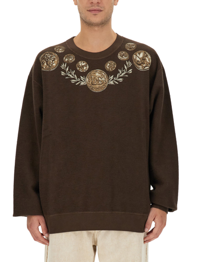 Dolce & Gabbana Coin Print Cotton Sweatshirt In Brown