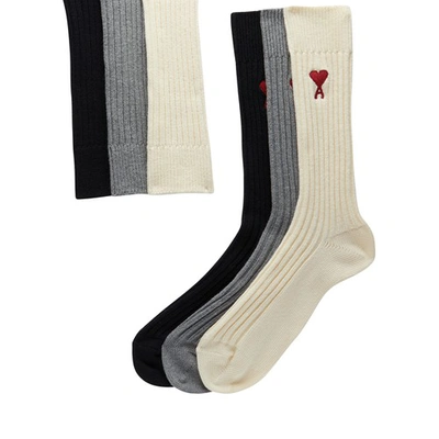 Shop Ami Alexandre Mattiussi Ami De Caur Three Pack Socks In Off_white_grey_black