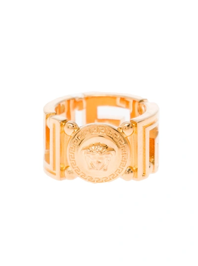 Shop Versace Squareed Greca Gold Metal Ring  Woman In Metallic