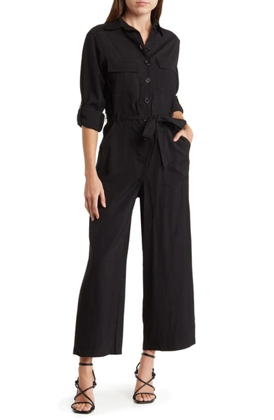 Max Studio Peach Skin Roll Sleeve Utility Jumpsuit In Black-black