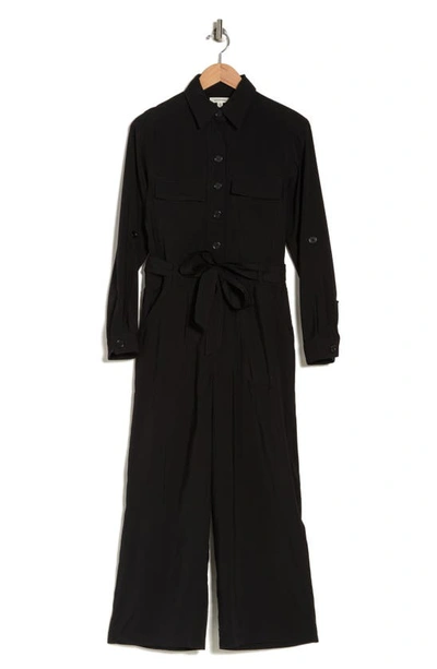 Max Studio Peach Skin Roll Sleeve Utility Jumpsuit In Black-black