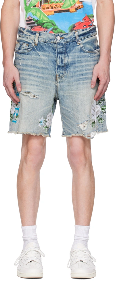 Shop Amiri Blue Embroidered Denim Shorts In Vintage Indigo