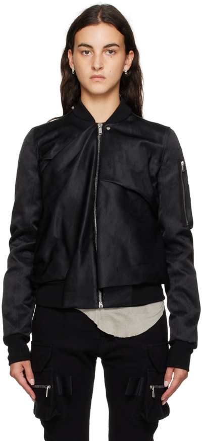 Rick Owens Black Ripple Flight Bomber Jacket In 09 Black