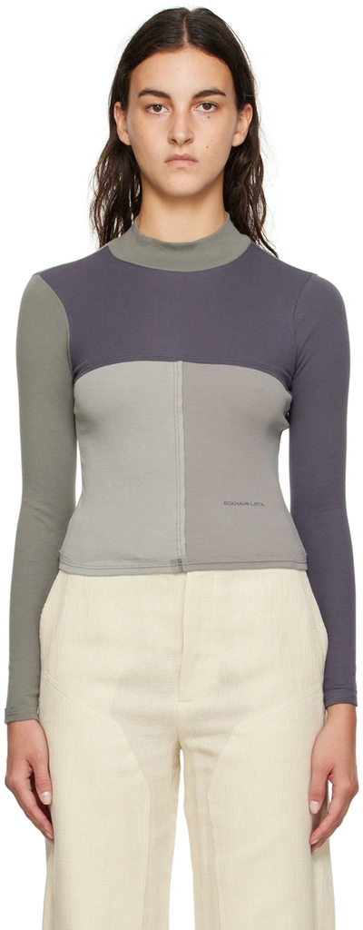 Eckhaus Latta Lapped Mock Neck Long Sleeve Baby Tee In Tonal Shadows