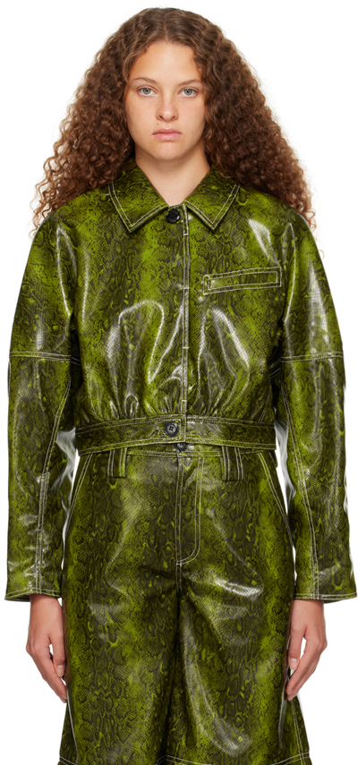 Shop Ganni Green Snake Faux-leather Jacket In 496 Spinach Green