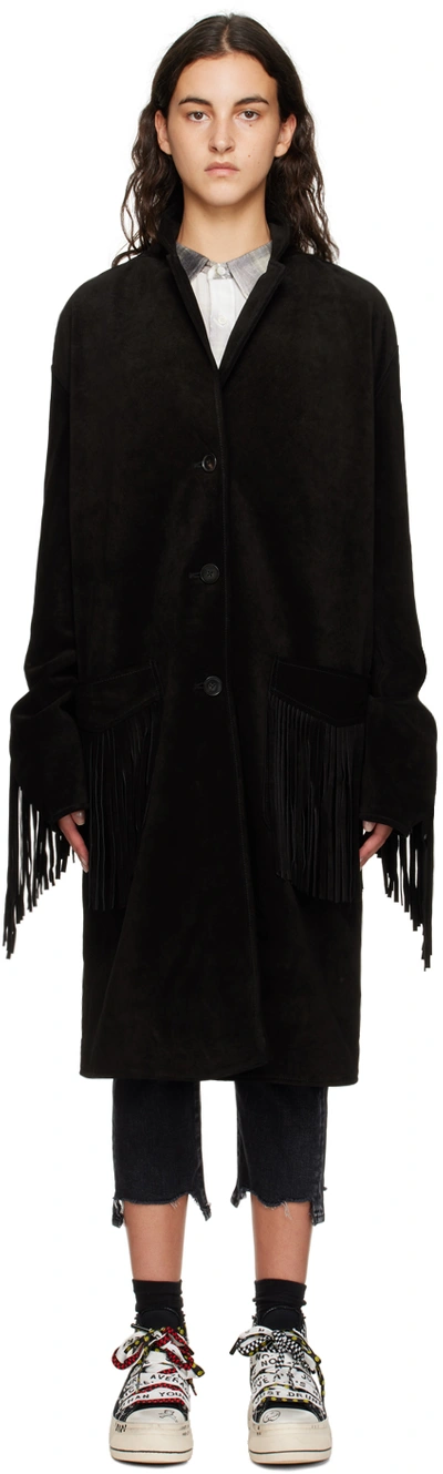 Shop R13 Black Fringe Coat In Black Suede