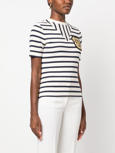Shop Balmain Logo-patch Ribbed-knit Striped T-shirt In Neutrals