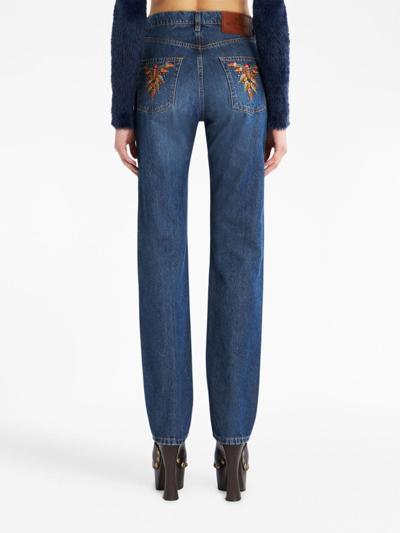 Shop Etro Floral-embroidered High-waist Jeans In Blue