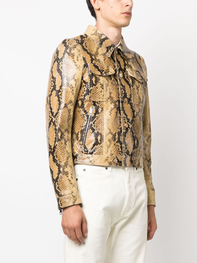 Shop Bally Snakeskin-print Leather Jacket In Brown