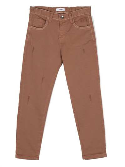 Shop Msgm Distressed Stretch-cotton Trousers In Brown