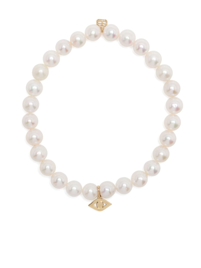 Shop Sydney Evan 14kt Yellow Gold Evil Eye Pearl Bracelet In White