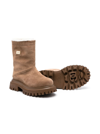 Shop Dolce & Gabbana Logo-plaque Suede Knee Boots In Brown