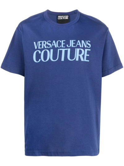 Shop Versace Jeans Couture Logo-print Cotton T-shirt In Blue
