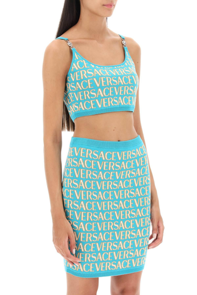 Shop Versace Monogram Knit Crop Top In Light Blue