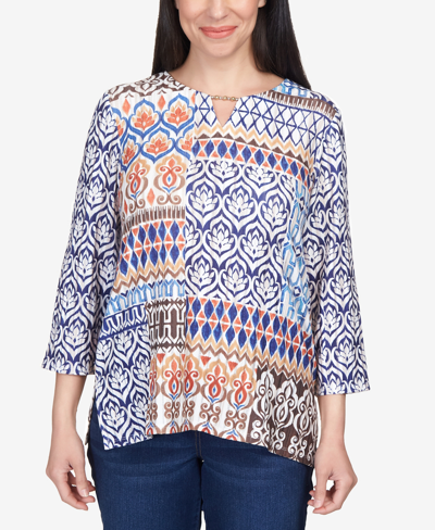Shop Alfred Dunner Petite Autumn Weekend Printed Patchwork Split Neck Top In Multi
