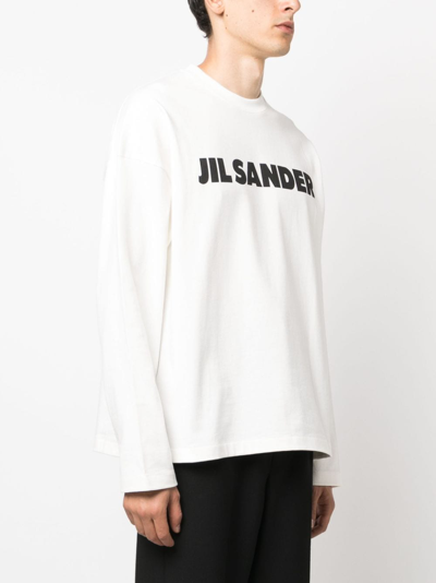 Jil Sander Men White Crewneck Sweatshirt With Contrasting Logo Print At The Front In Cotton Man In White