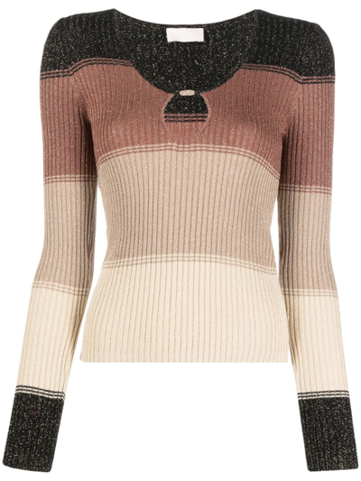 Shop Liu •jo Lurex-detail Striped Ribbed-knit Top In Brown