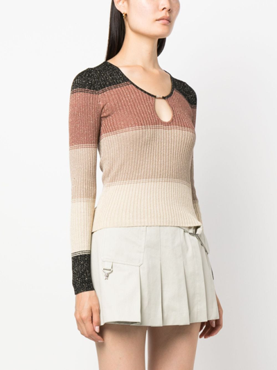 Shop Liu •jo Lurex-detail Striped Ribbed-knit Top In Brown