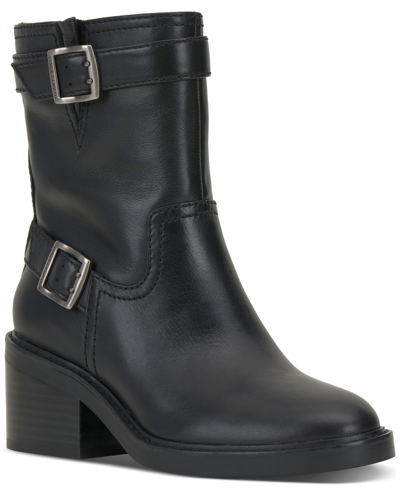Shop Vince Camuto Women's Vergila Buckled Moto Booties In Black Leather